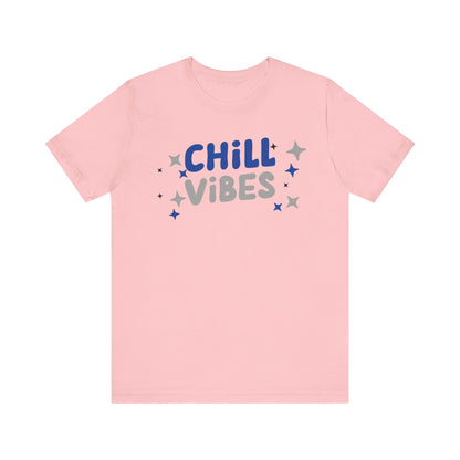 Cotton graphic tee stating 'Chill Vibes' in color pink