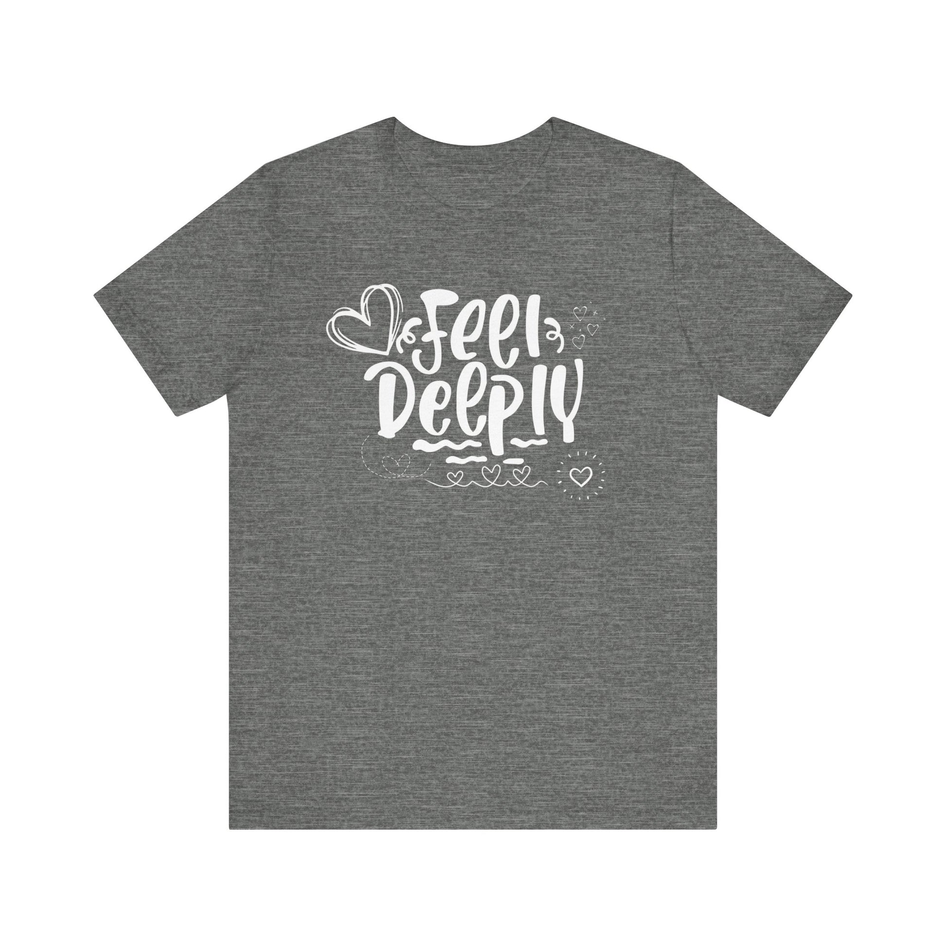 Graphic good vibes tee stating 'Feel Deeply' in color deep heather
