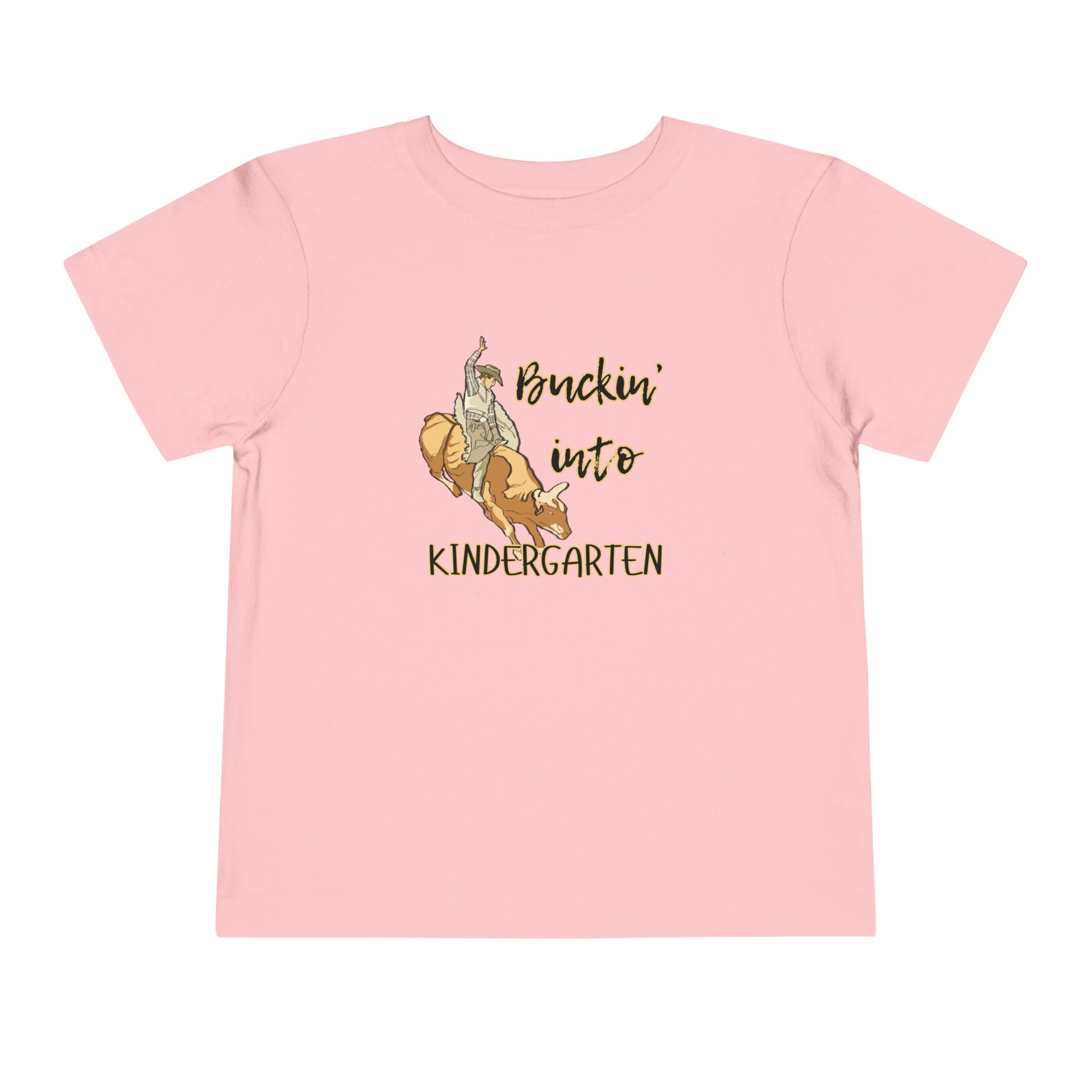 Comfortable toddler tee stating 'Buckin' into Kindergarten' in color pink