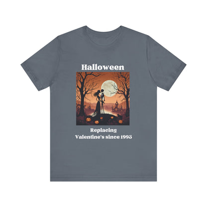 Comfy unisex tee stating 'Halloween replacing Valentine's since 1993' in color steel blue