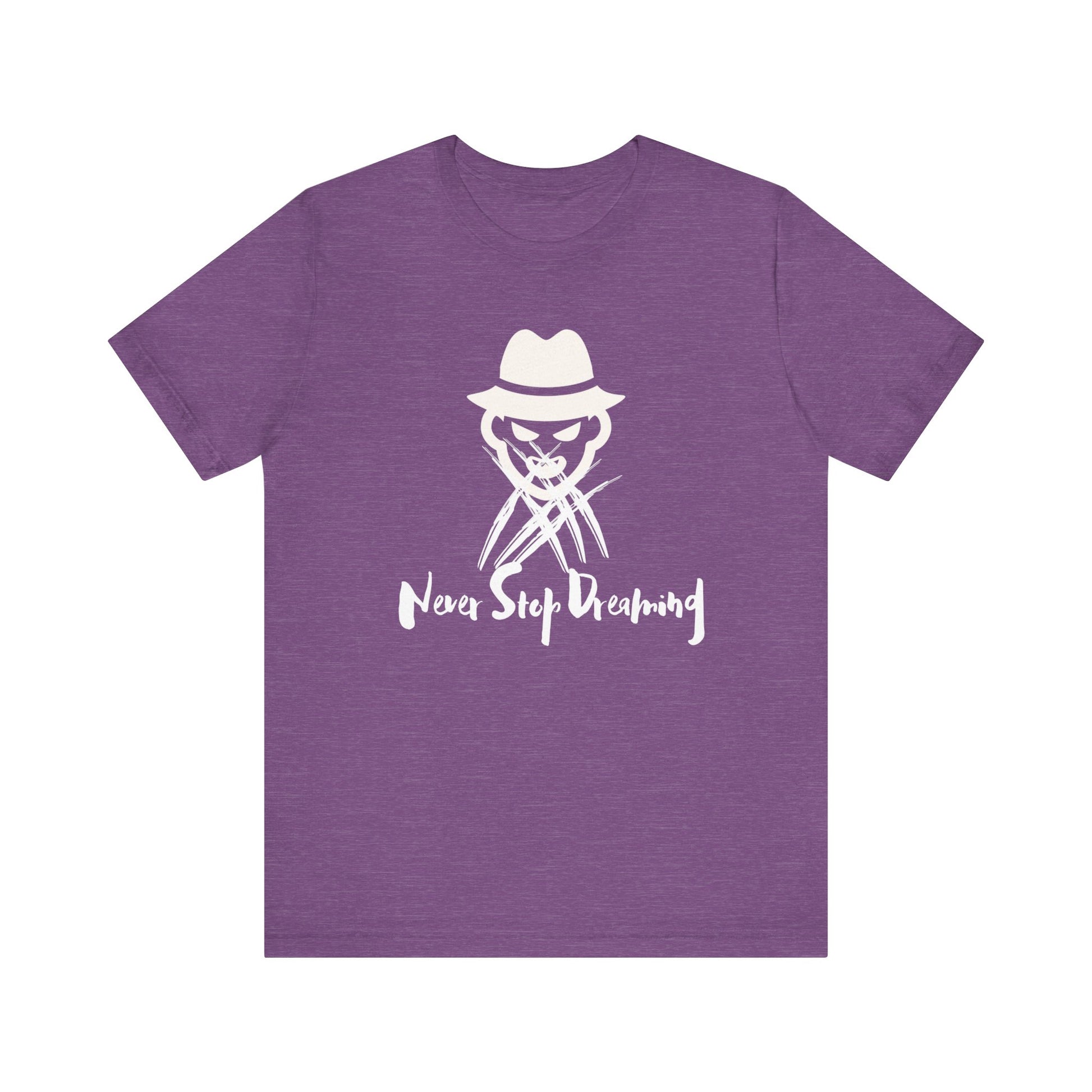 Comfortable Halloween unisex tee with Freddy Kruegar that states 'Never Stop Dreaming' in color team purple heather