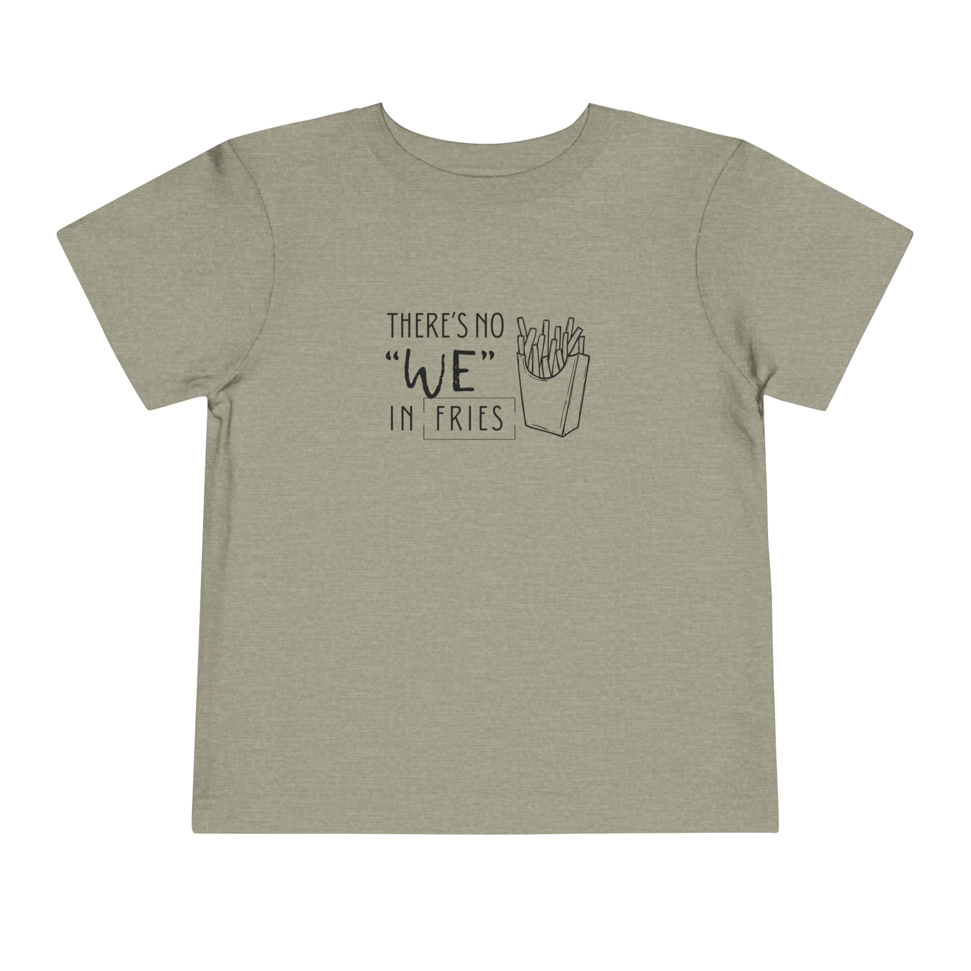 Comfortable funny graphic toddler tee stating 'no we in fries' in color stone heather