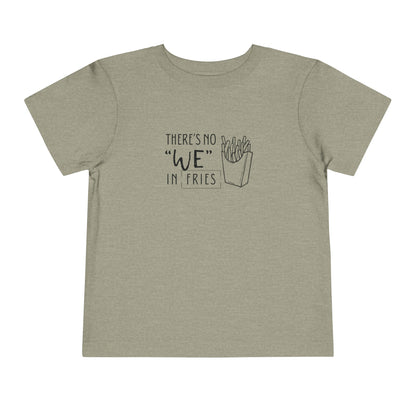Comfortable funny graphic toddler tee stating 'no we in fries' in color stone heather