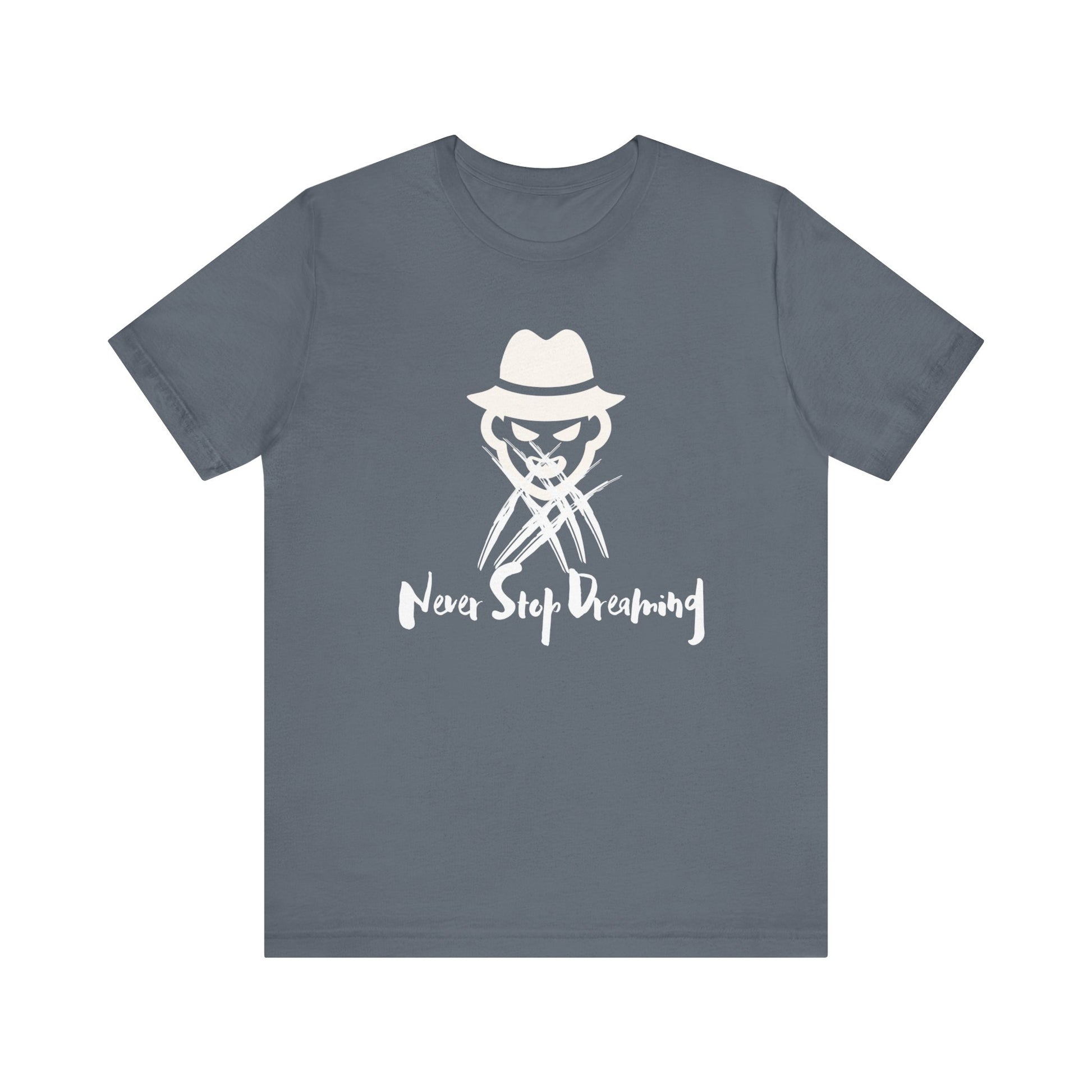 Comfortable Halloween unisex tee with Freddy Kruegar that states 'Never Stop Dreaming' in color steel blue