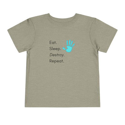 Comfortable funny graphic toddler tee stating 'Eat. Sleep. Destroy. Repeat' in color heather stone