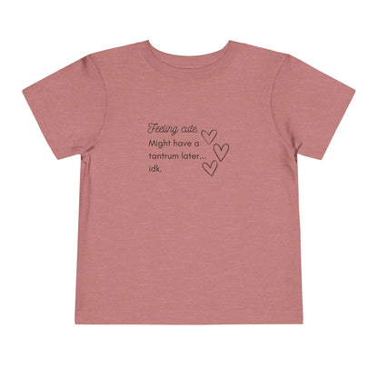 Comfortable funny graphic toddler tee stating 'Feeling cute. Might have a tantrum later...idk' in color heather mauve