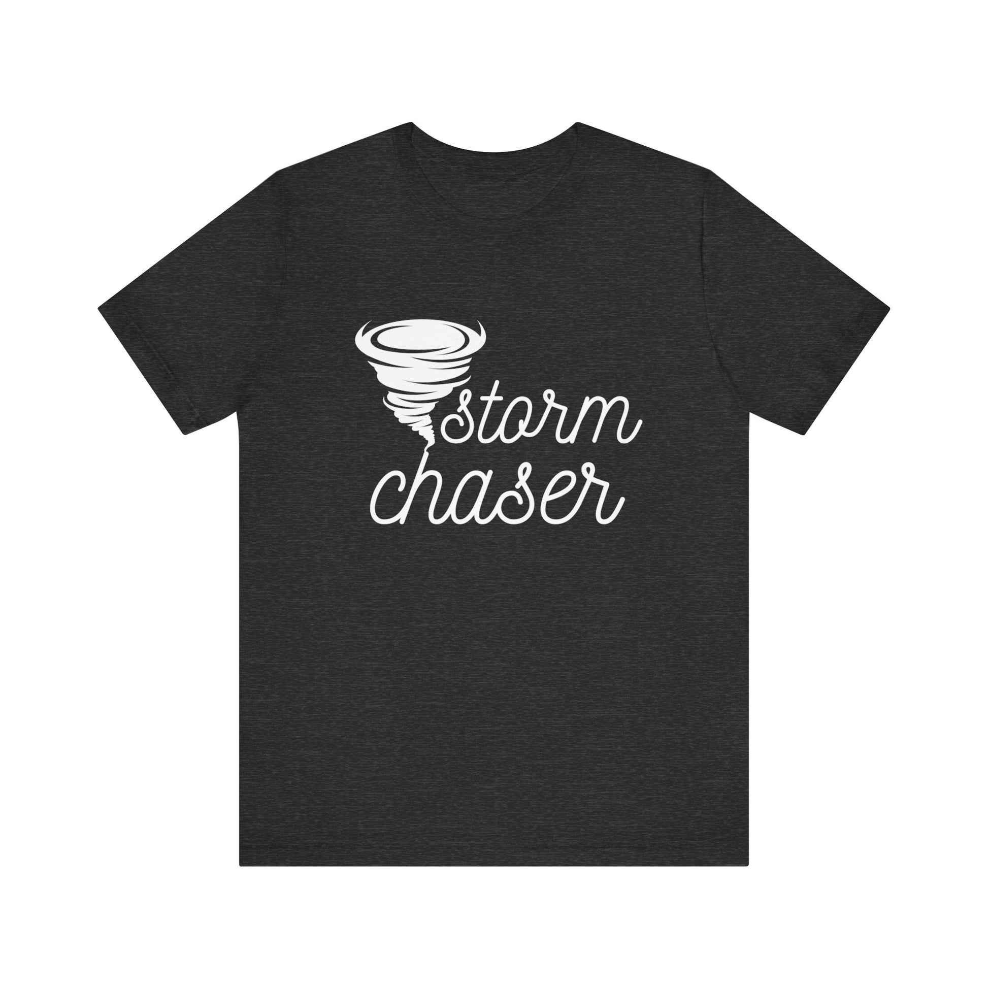 Comfortable graphic tee stating 'Storm Chaser' in color dak grey heather