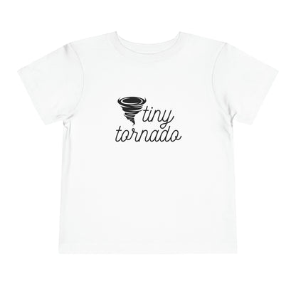 Comfortable funny graphic toddler tee stating 'Tiny Tornado' in color white