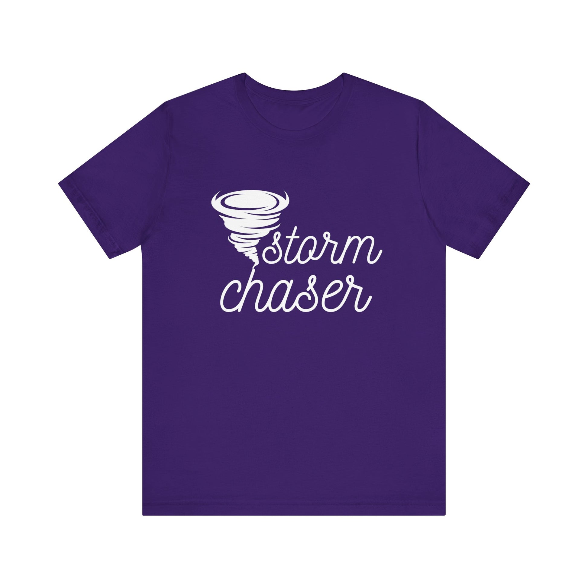 Comfortable graphic tee stating 'Storm Chaser' in color purple