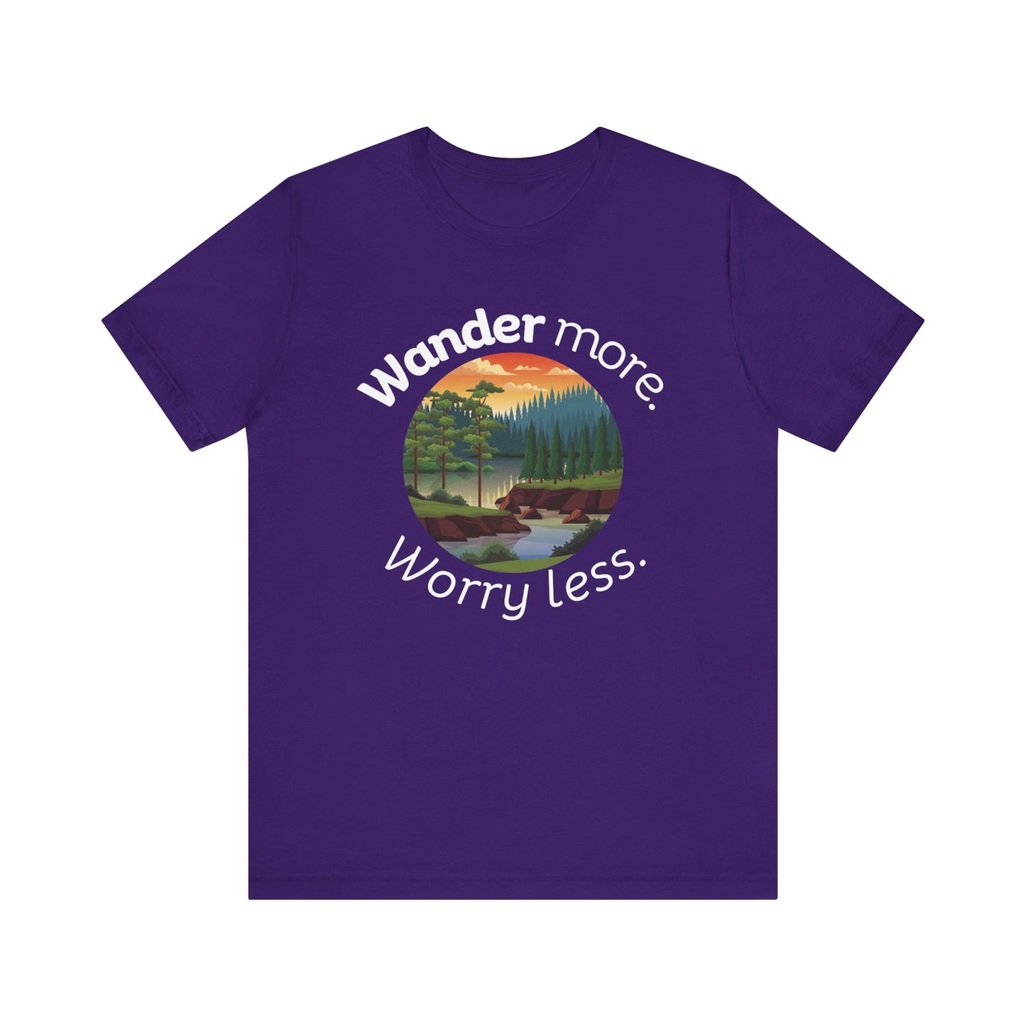 Cotton t-shirt stating 'Wander more. Worry less.' in color purple