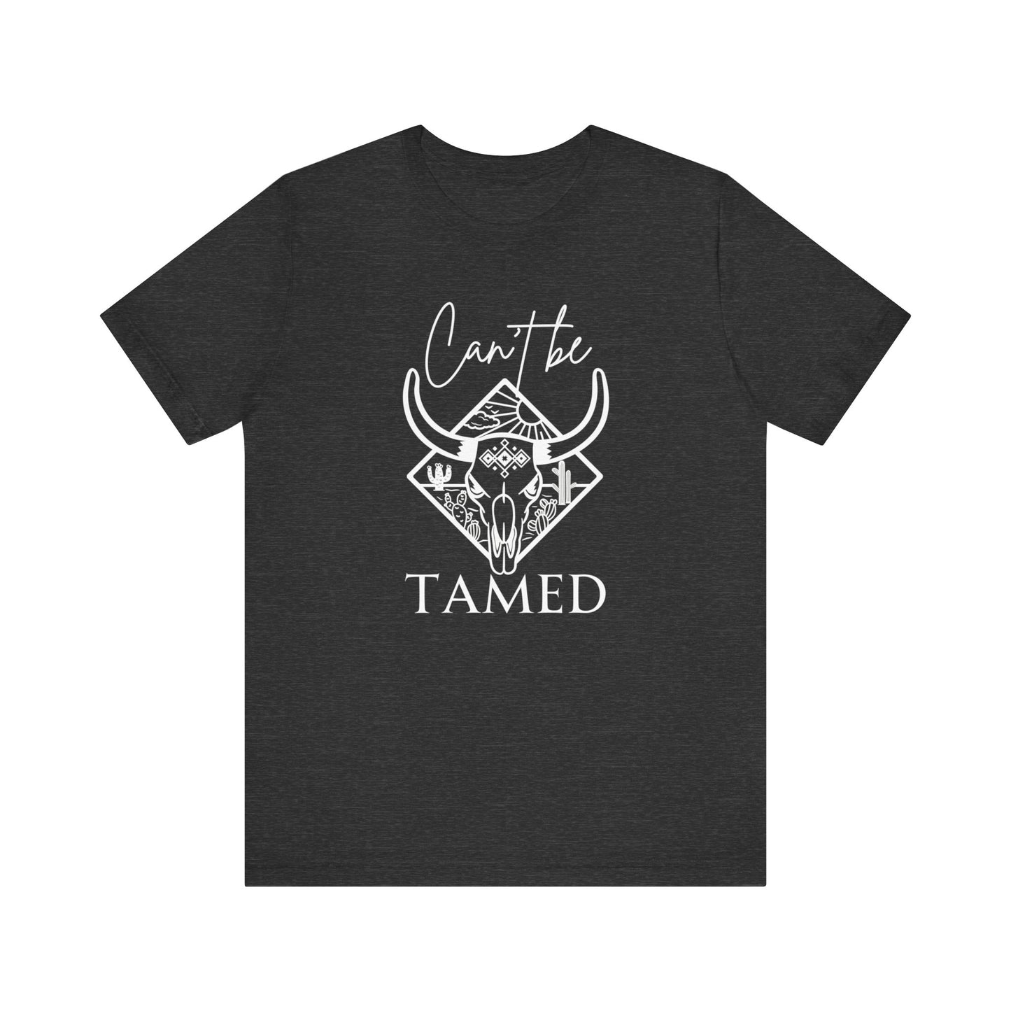 Comfortable Unisex T-Shirt stating 'Can't Be Tamed' in color dark grey heather