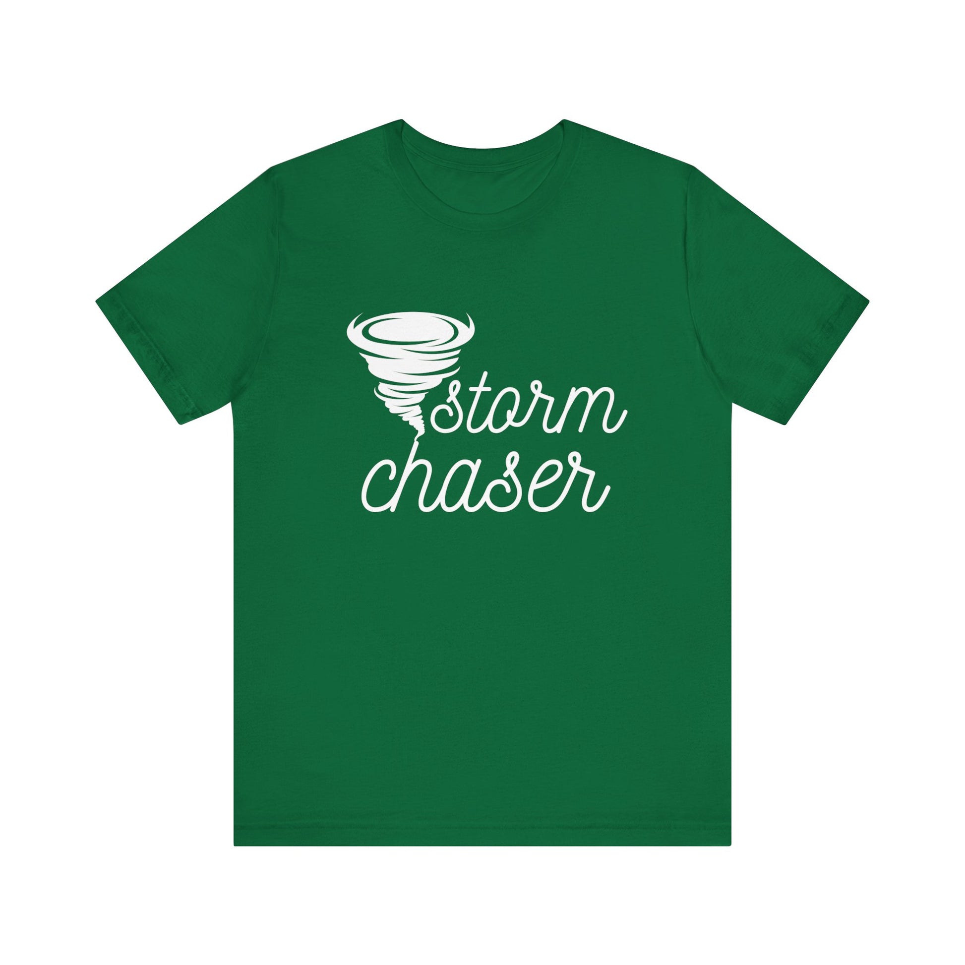 Comfortable graphic tee stating 'Storm Chaser' in color kelly