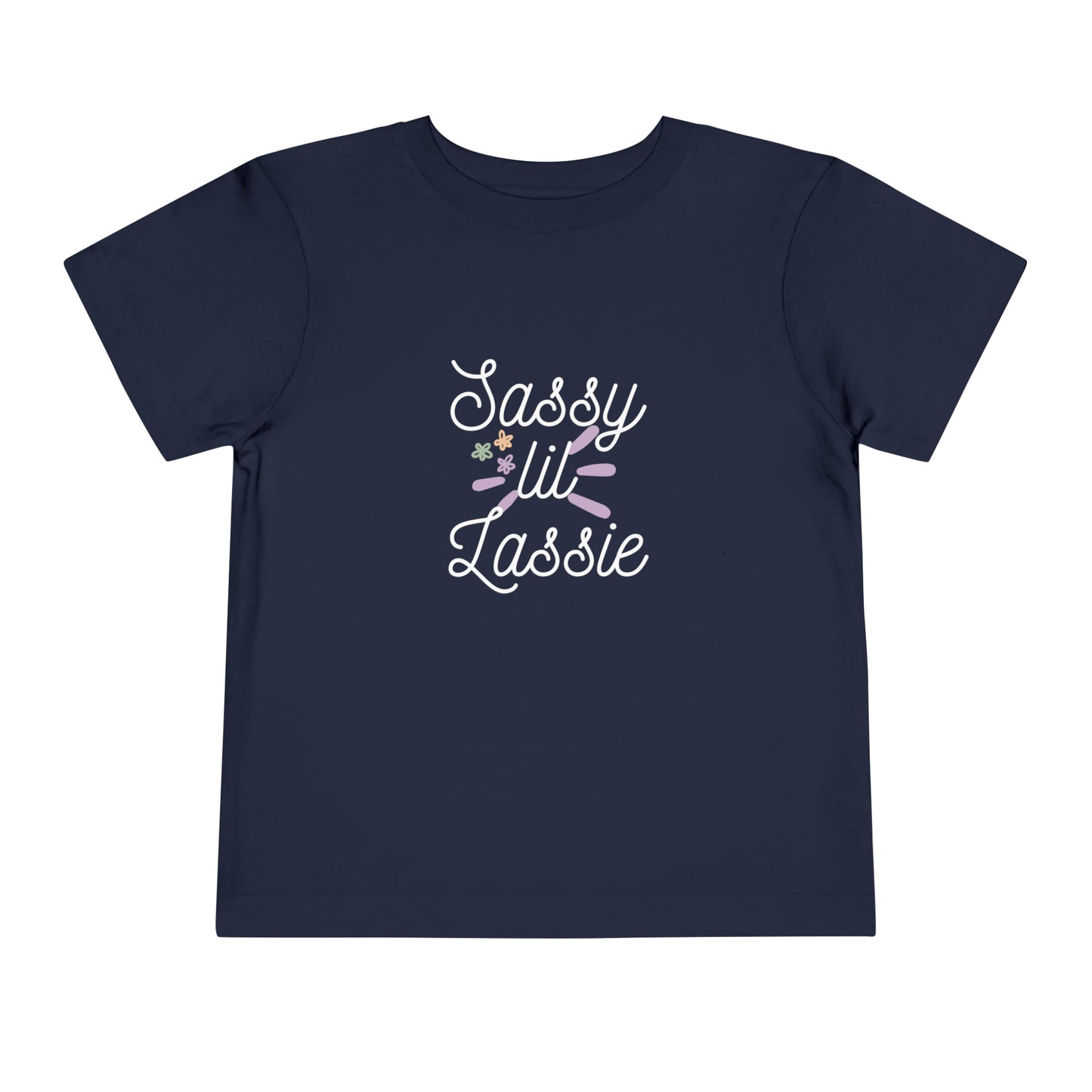 Comfortable funny graphic toddler tee stating 'Sassy Lil Lassie' in color  navy