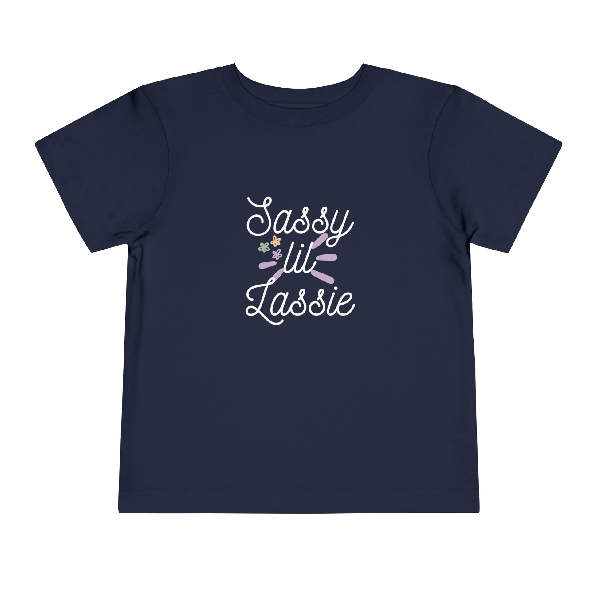 Comfortable funny graphic toddler tee stating 'Sassy Lil Lassie' in color  navy