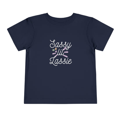 Comfortable funny graphic toddler tee stating 'Sassy Lil Lassie' in color  navy