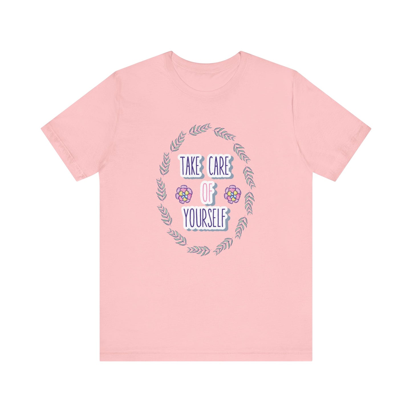 Woman's good vibe graphic tee stating 'Take Care of Yourself' in color 