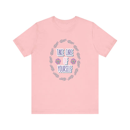 Woman's good vibe graphic tee stating 'Take Care of Yourself' in color 