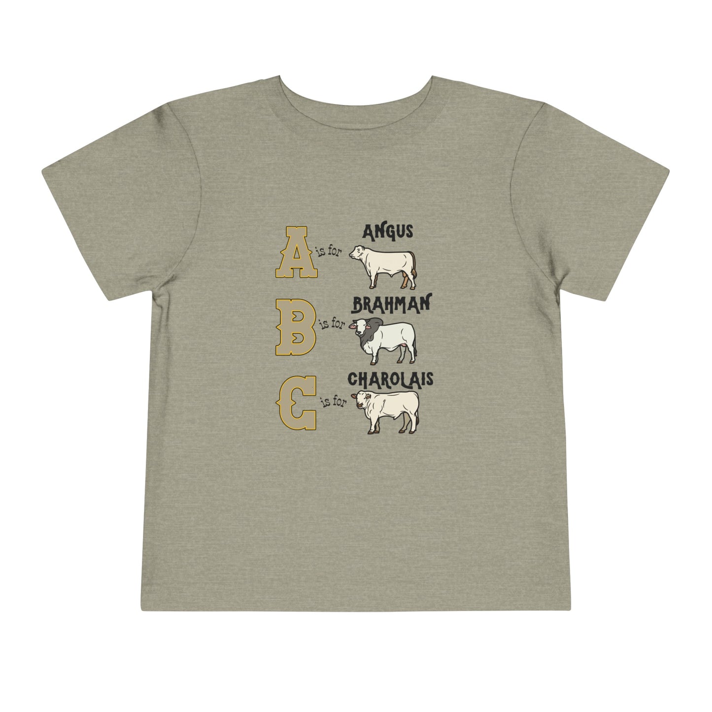 Comfy southern toddler tee stating 'A is for Angus. B is for Brahman. C is for Charolais.' in color heather stone