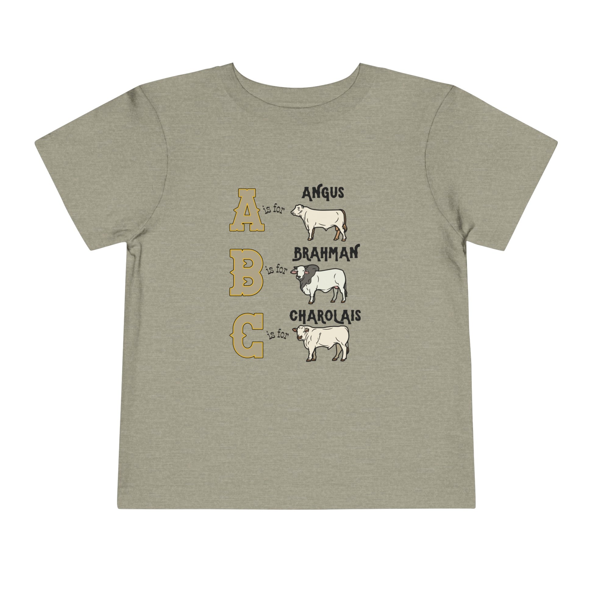Comfy southern toddler tee stating 'A is for Angus. B is for Brahman. C is for Charolais.' in color heather stone