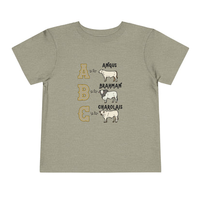 Comfy southern toddler tee stating 'A is for Angus. B is for Brahman. C is for Charolais.' in color heather stone