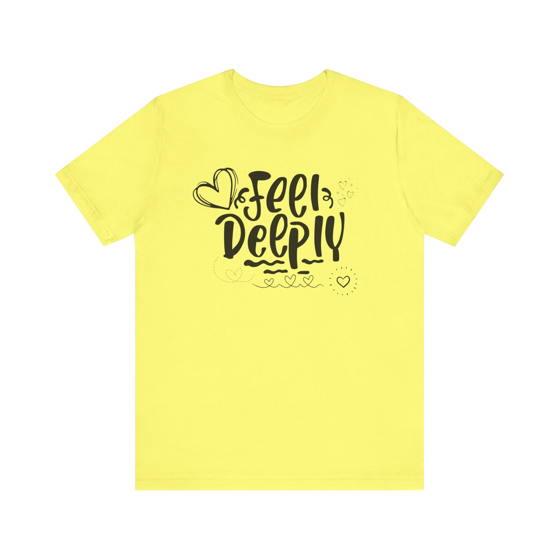 Graphic good vibes tee stating 'Feel Deeply' in color yellow