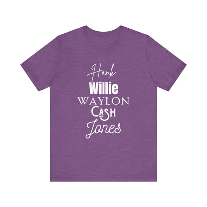 Comfortable Southern Tee stating 'Hank, Willie, Waylon, Cash, Jones' in color heather team purple