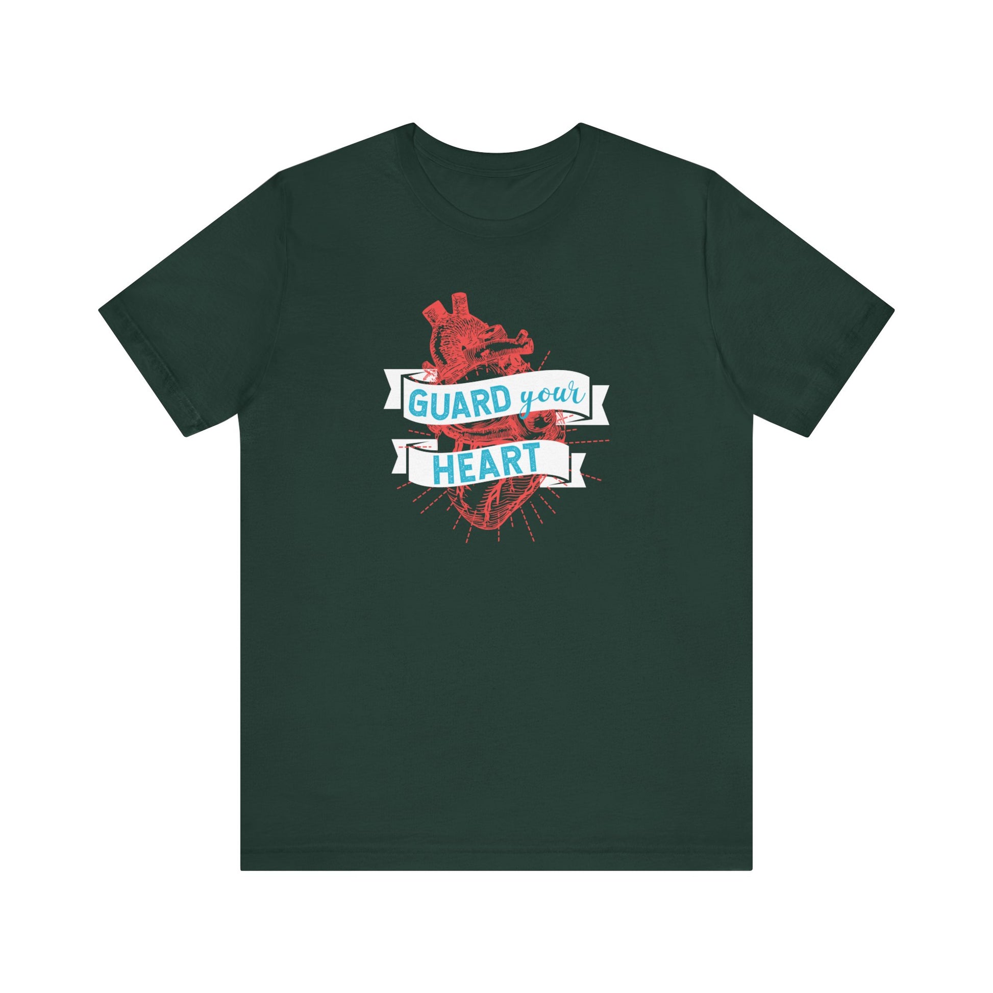 A cotton graphic tee stating 'Guard Your Heart' in color forest