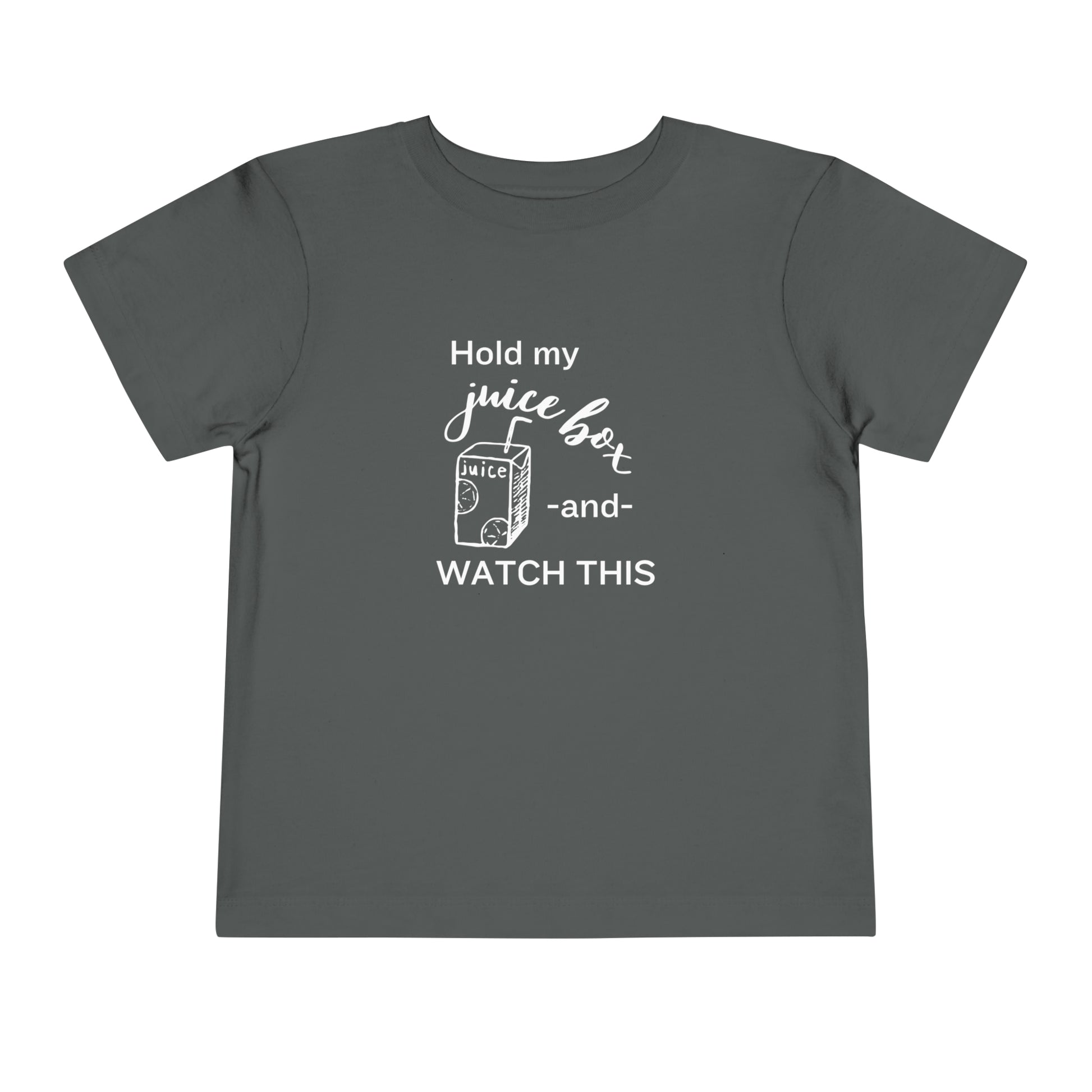 Comfortable funny graphic toddler tee stating 'Hold my juice box and watch this' in color asphalt