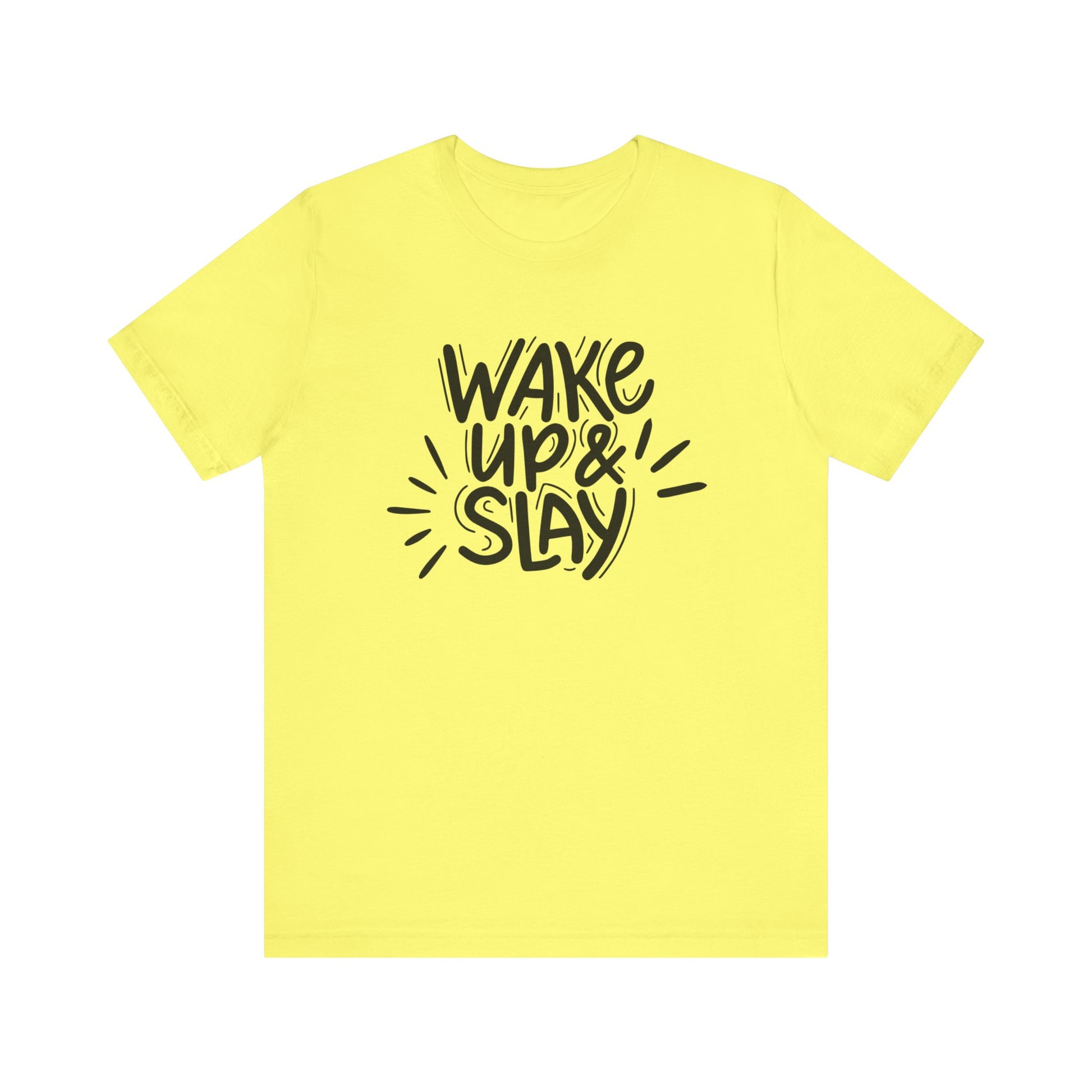 Women's good vibes graphic tee stating 'Wake up and slay' in color yellow