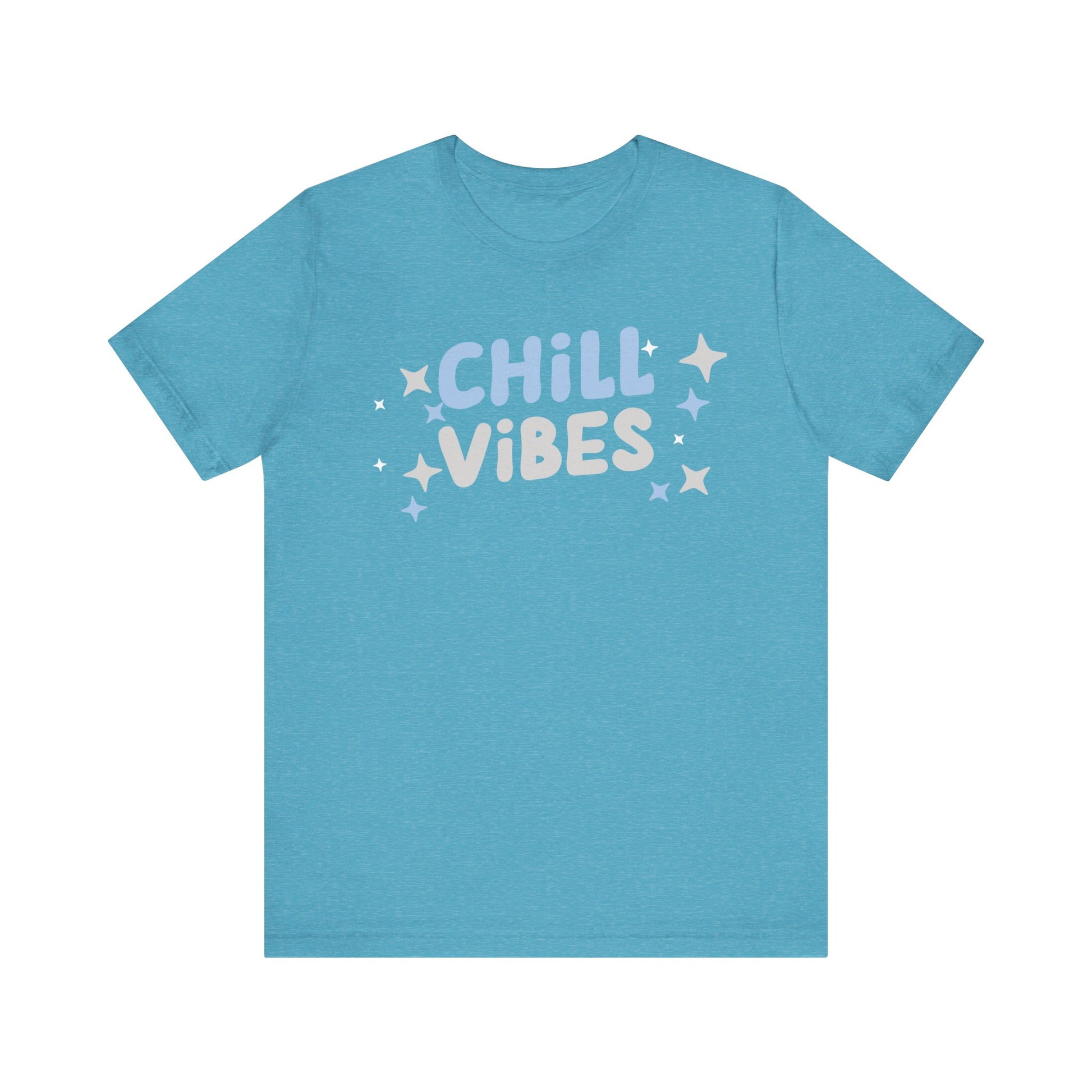 Cotton graphic tee stating 'Chill Vibes' in color heather aqua