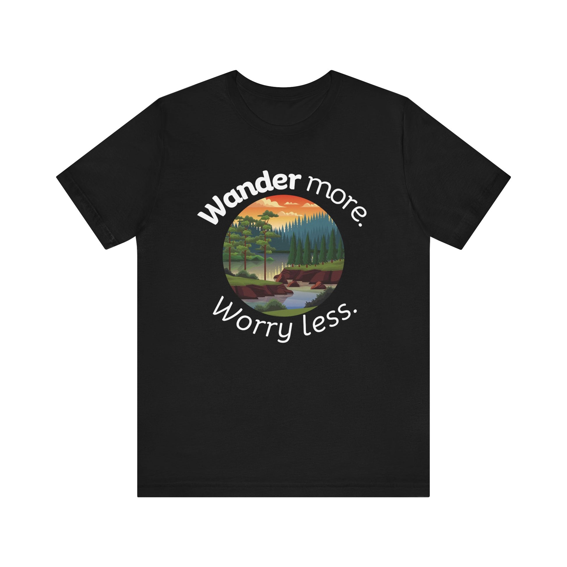 Cotton t-shirt stating 'Wander more. Worry less.' in color black