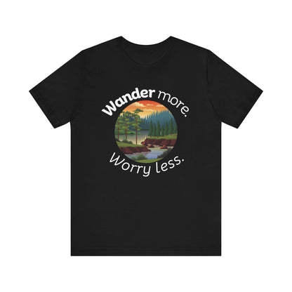 Cotton t-shirt stating 'Wander more. Worry less.' in color black