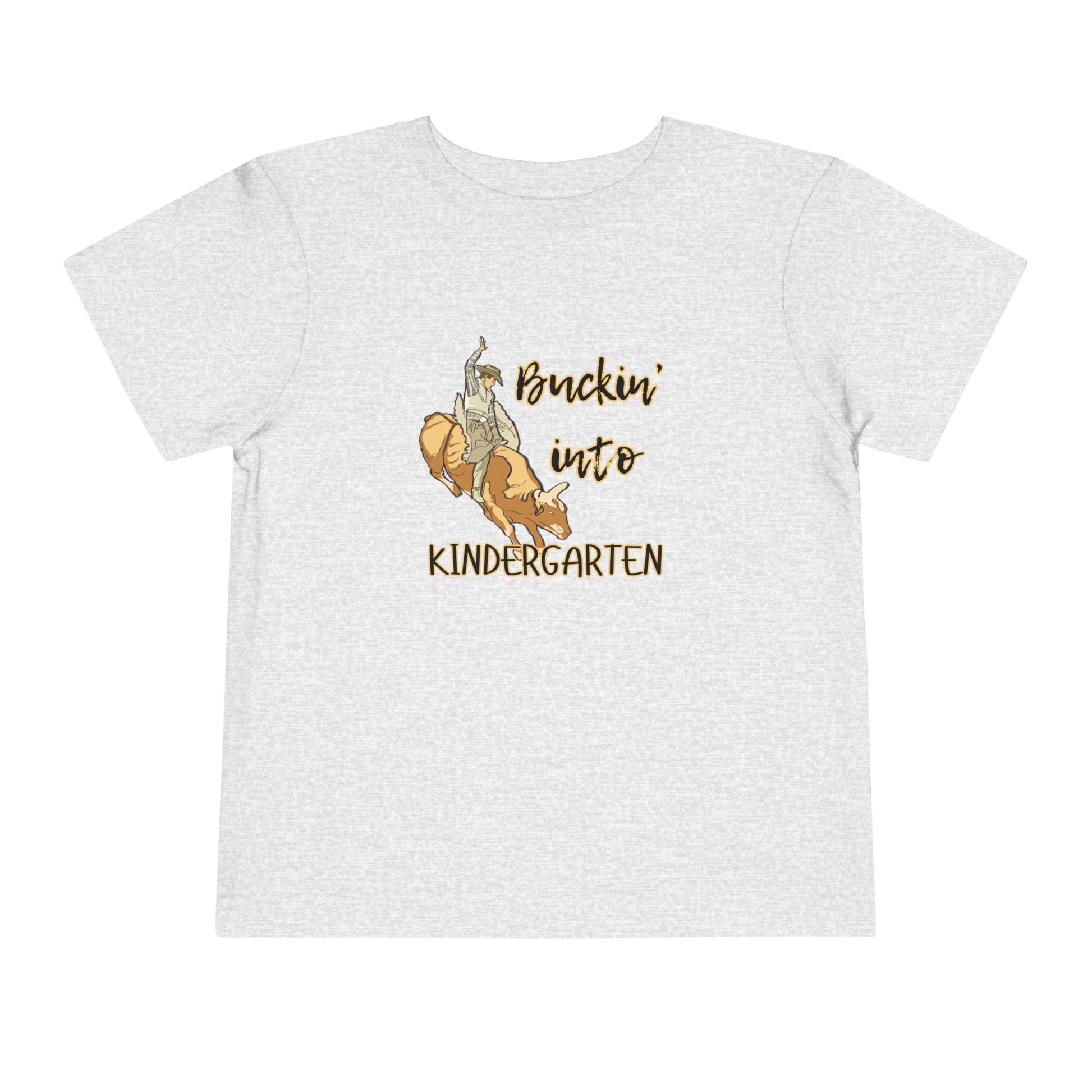 Comfortable toddler tee stating 'Buckin' into Kindergarten' in color athletic heather