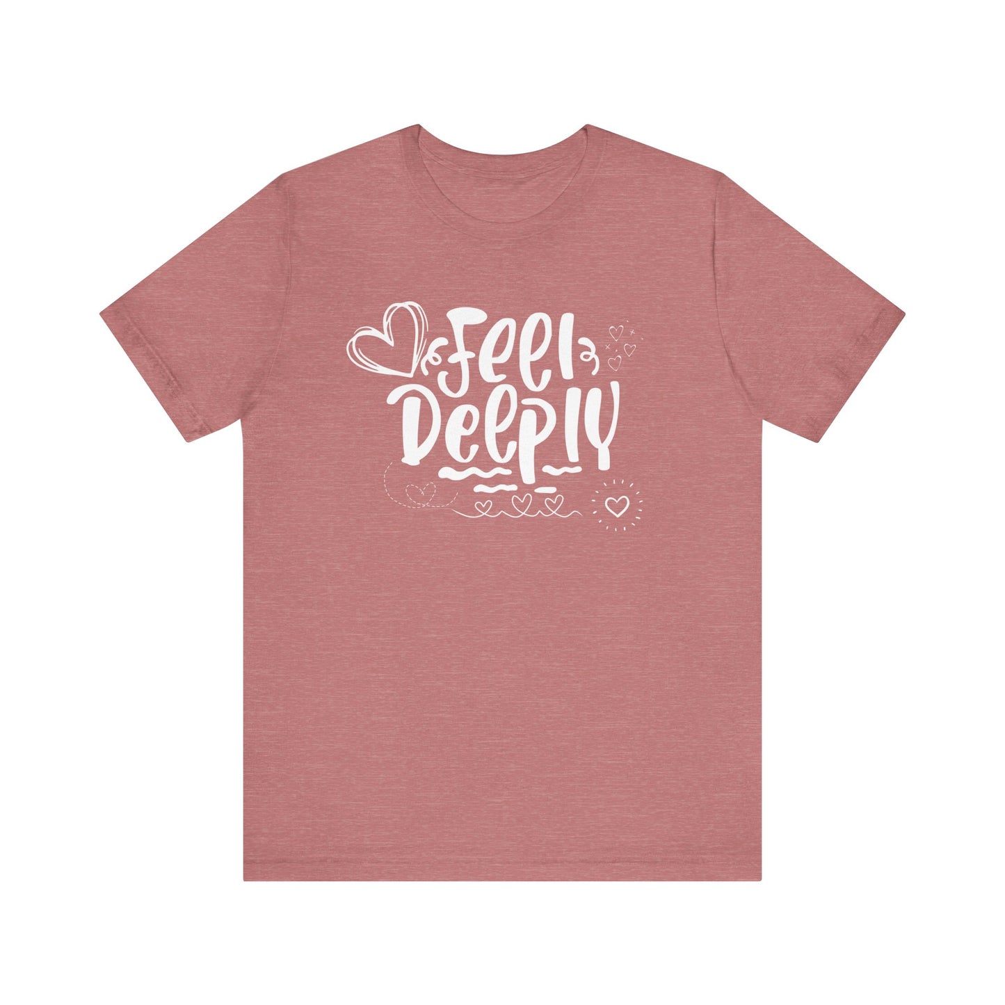 Graphic good vibes tee stating 'Feel Deeply' in color mauve heather