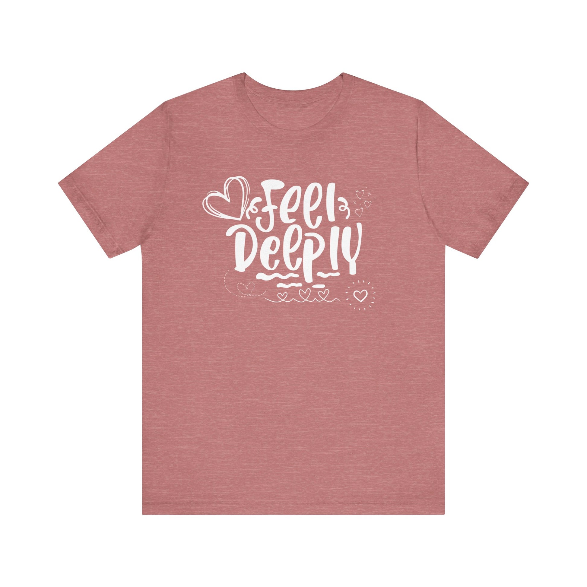 Graphic good vibes tee stating 'Feel Deeply' in color mauve heather