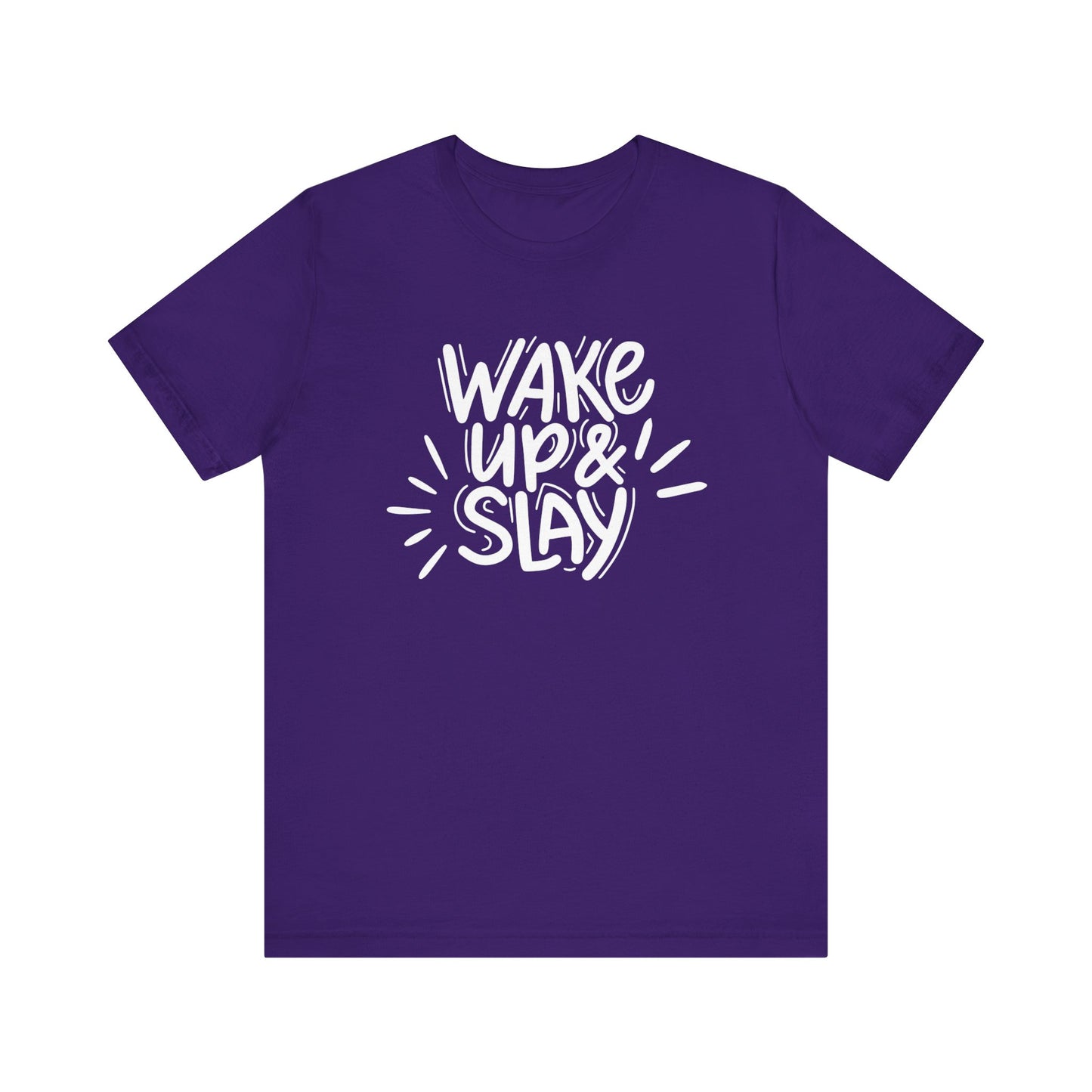 Women's good vibes graphic tee stating 'Wake up and slay' in color purple