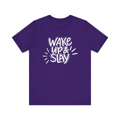 Women's good vibes graphic tee stating 'Wake up and slay' in color purple