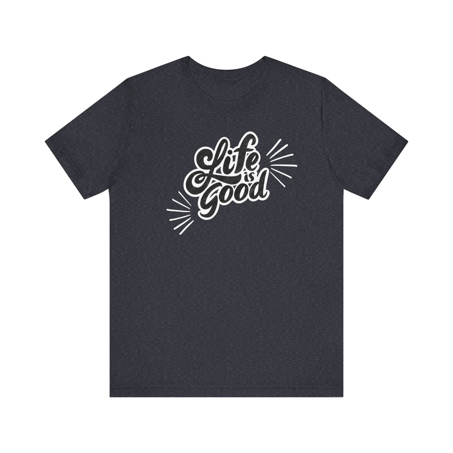 Folded cotton shirt stating 'Life is Good' in color navy blue