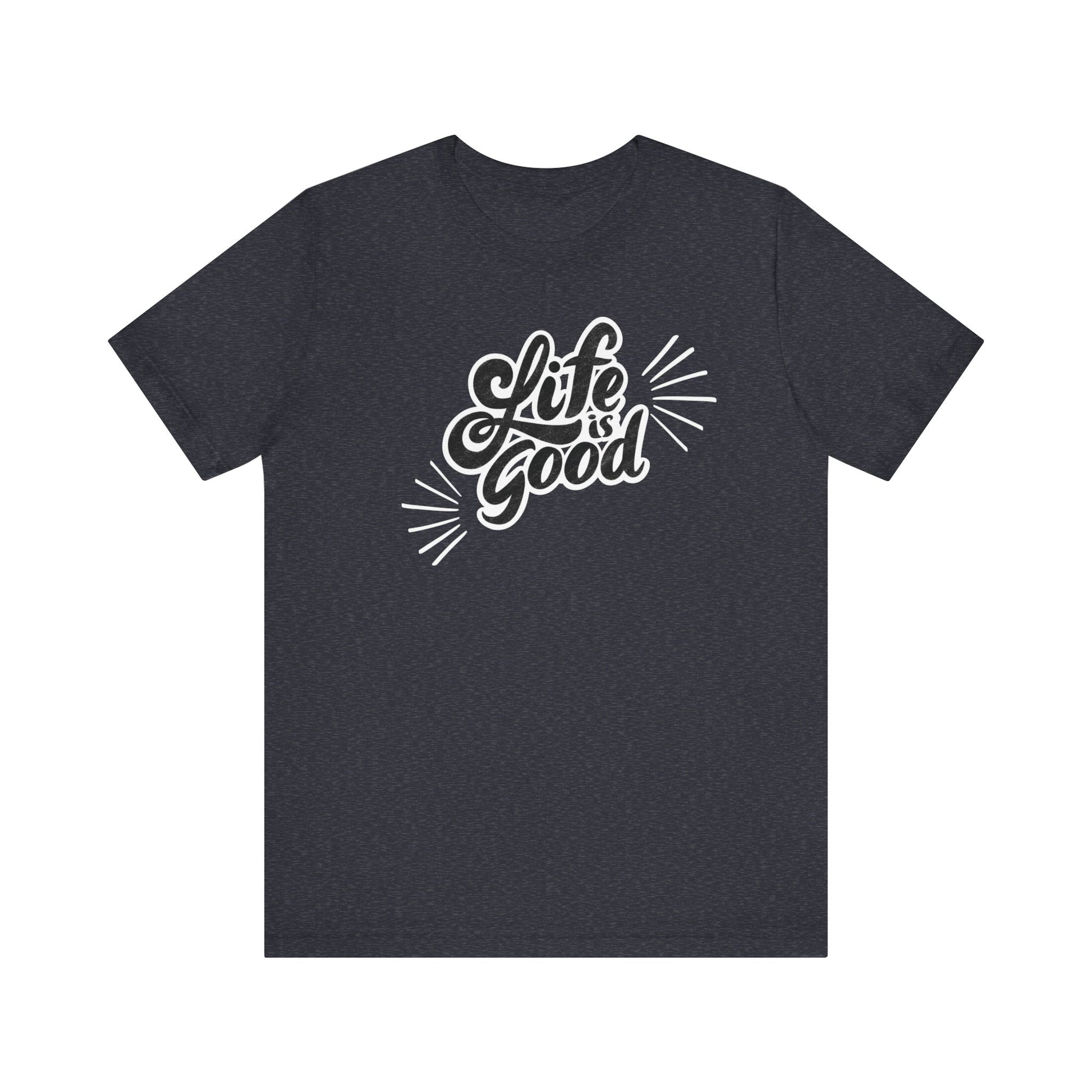 Folded cotton shirt stating 'Life is Good' in color navy blue