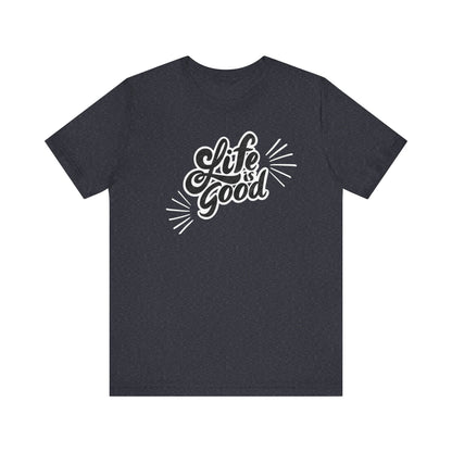 Folded cotton shirt stating 'Life is Good' in color navy blue