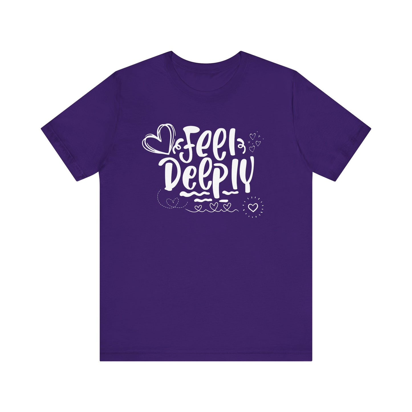 Graphic good vibes tee stating 'Feel Deeply' in color purple