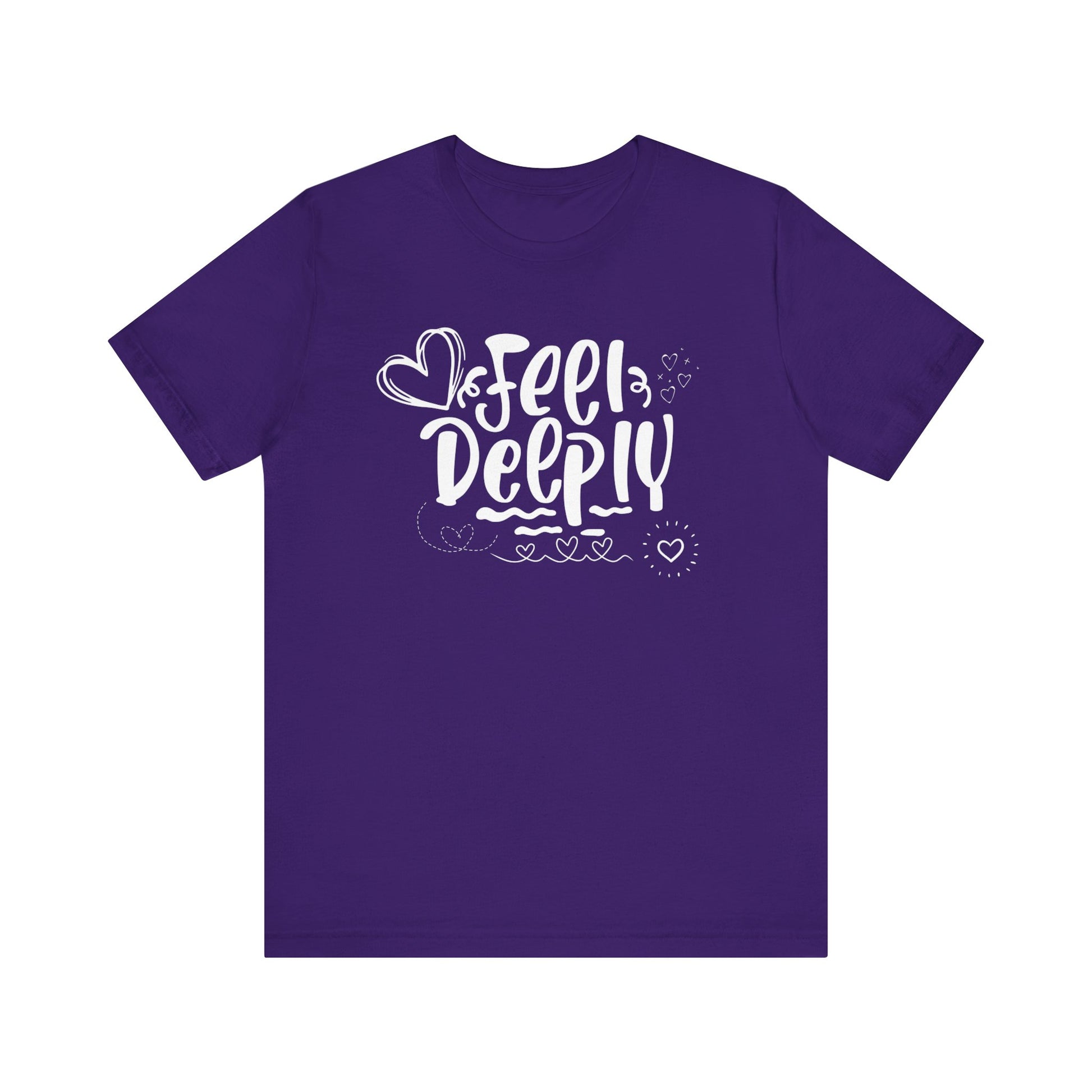 Graphic good vibes tee stating 'Feel Deeply' in color purple