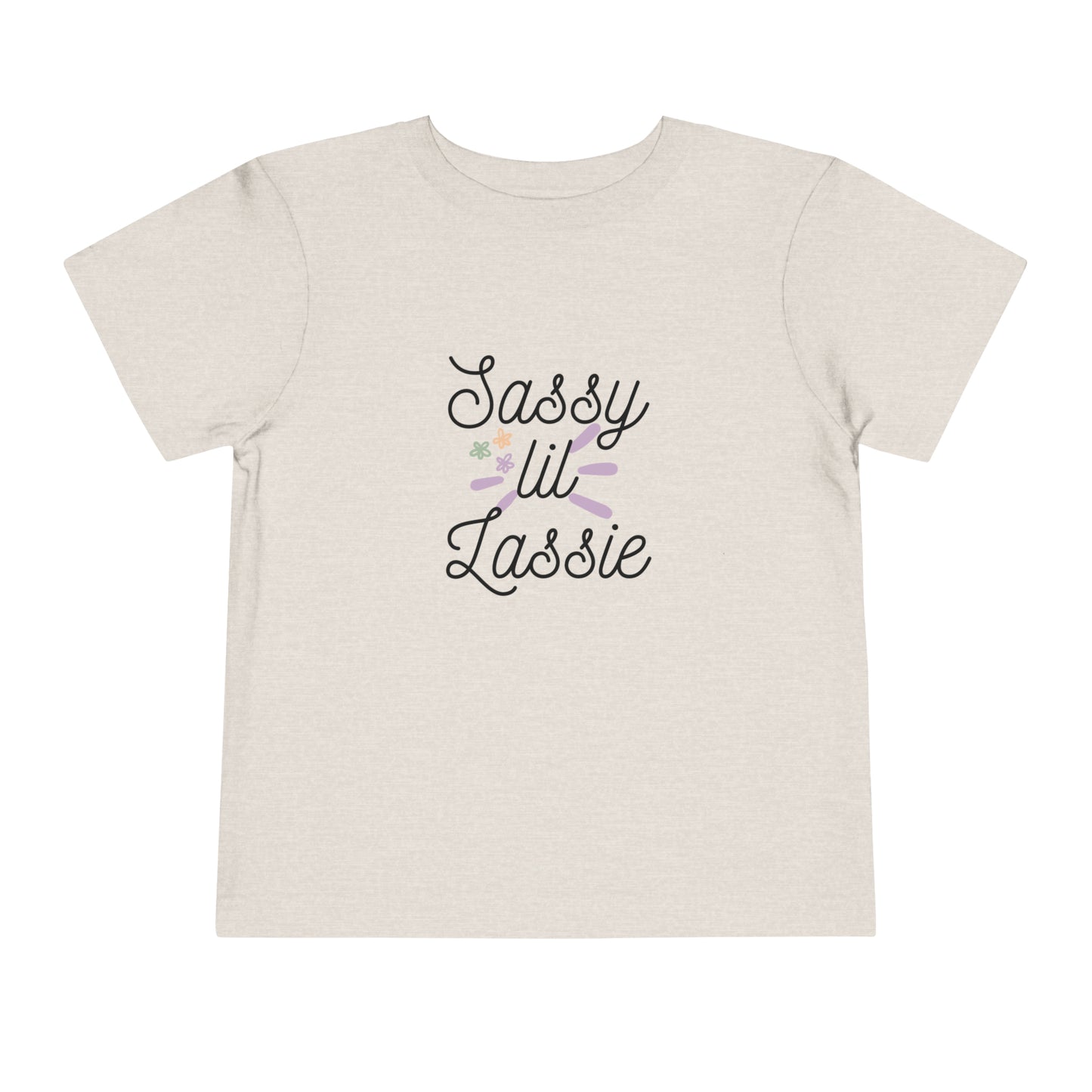 Comfortable funny graphic toddler tee stating 'Sassy Lil Lassie' in color  heather dust
