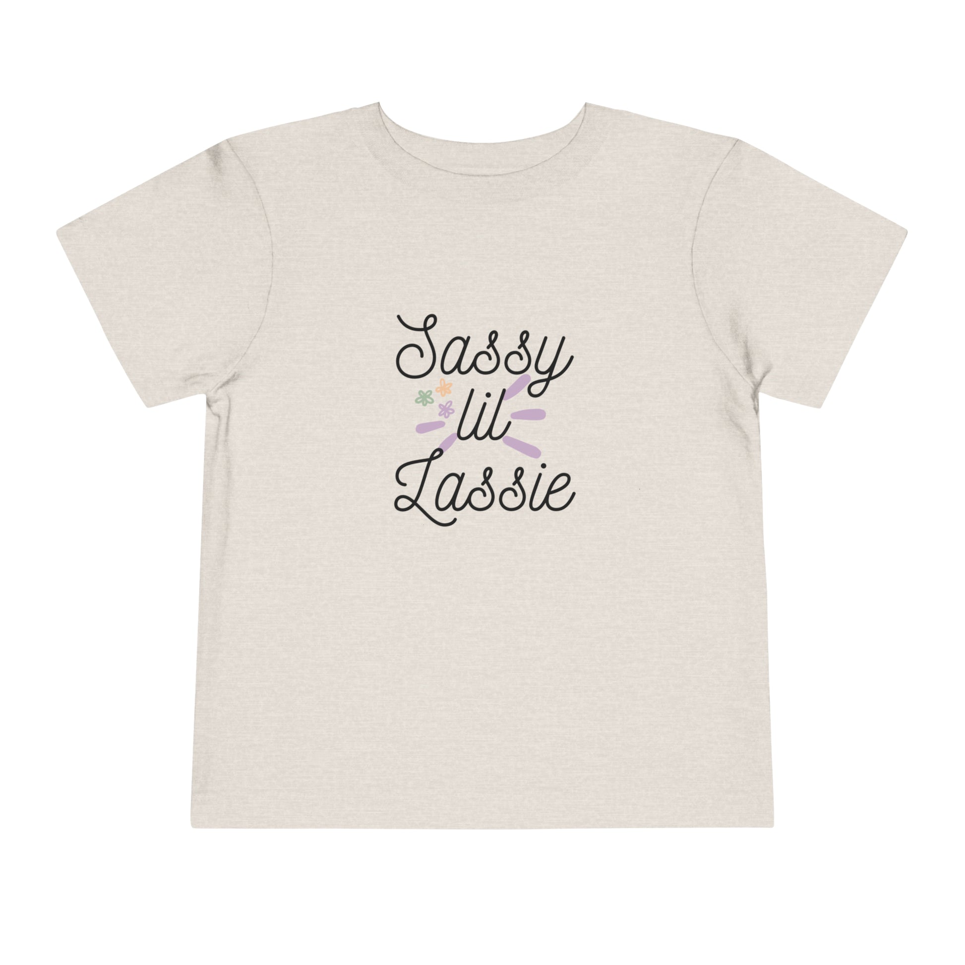 Comfortable funny graphic toddler tee stating 'Sassy Lil Lassie' in color  heather dust