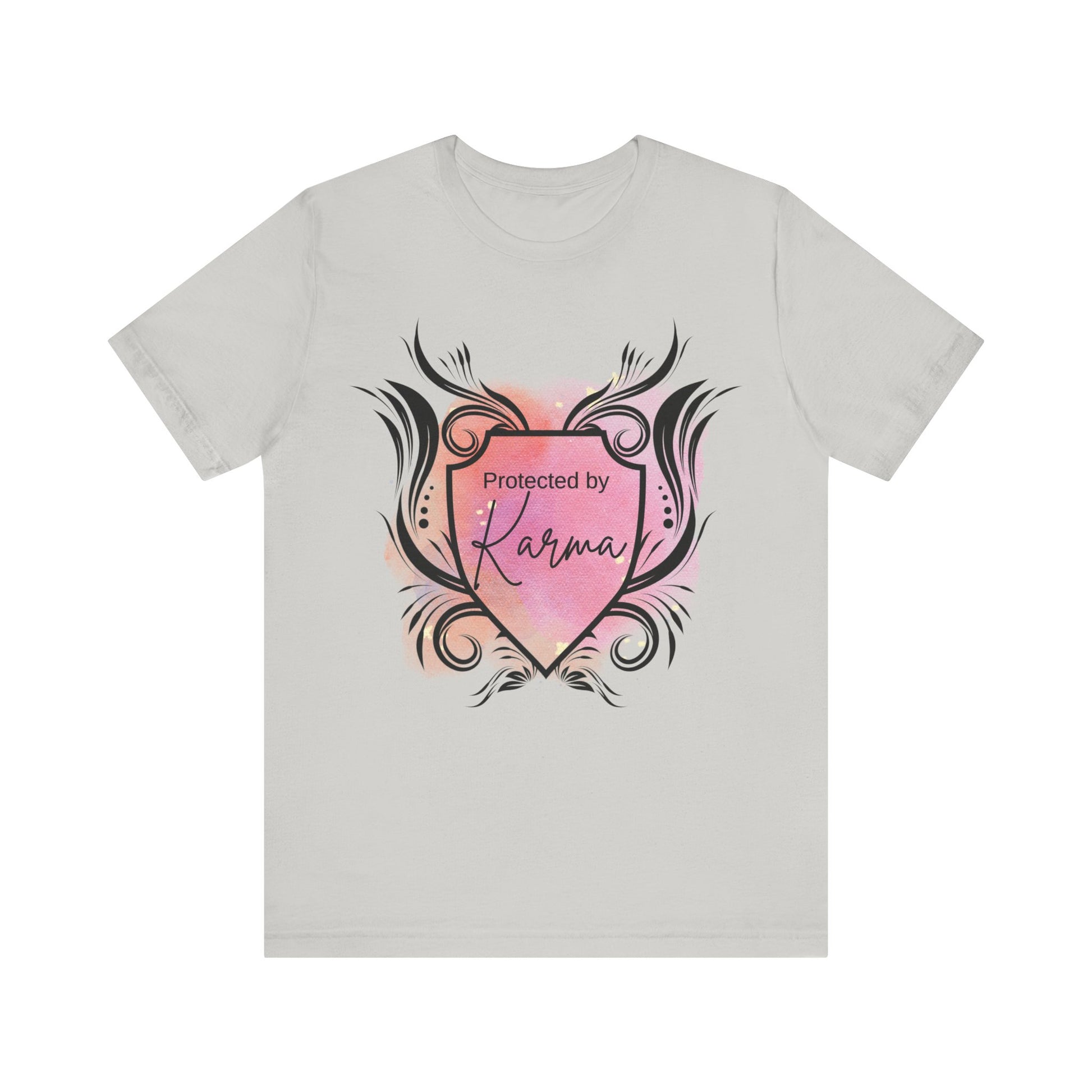 graphic tee stating Protected By Karma in color silver