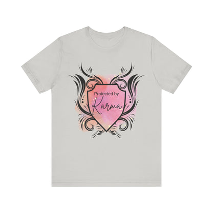 graphic tee stating Protected By Karma in color silver