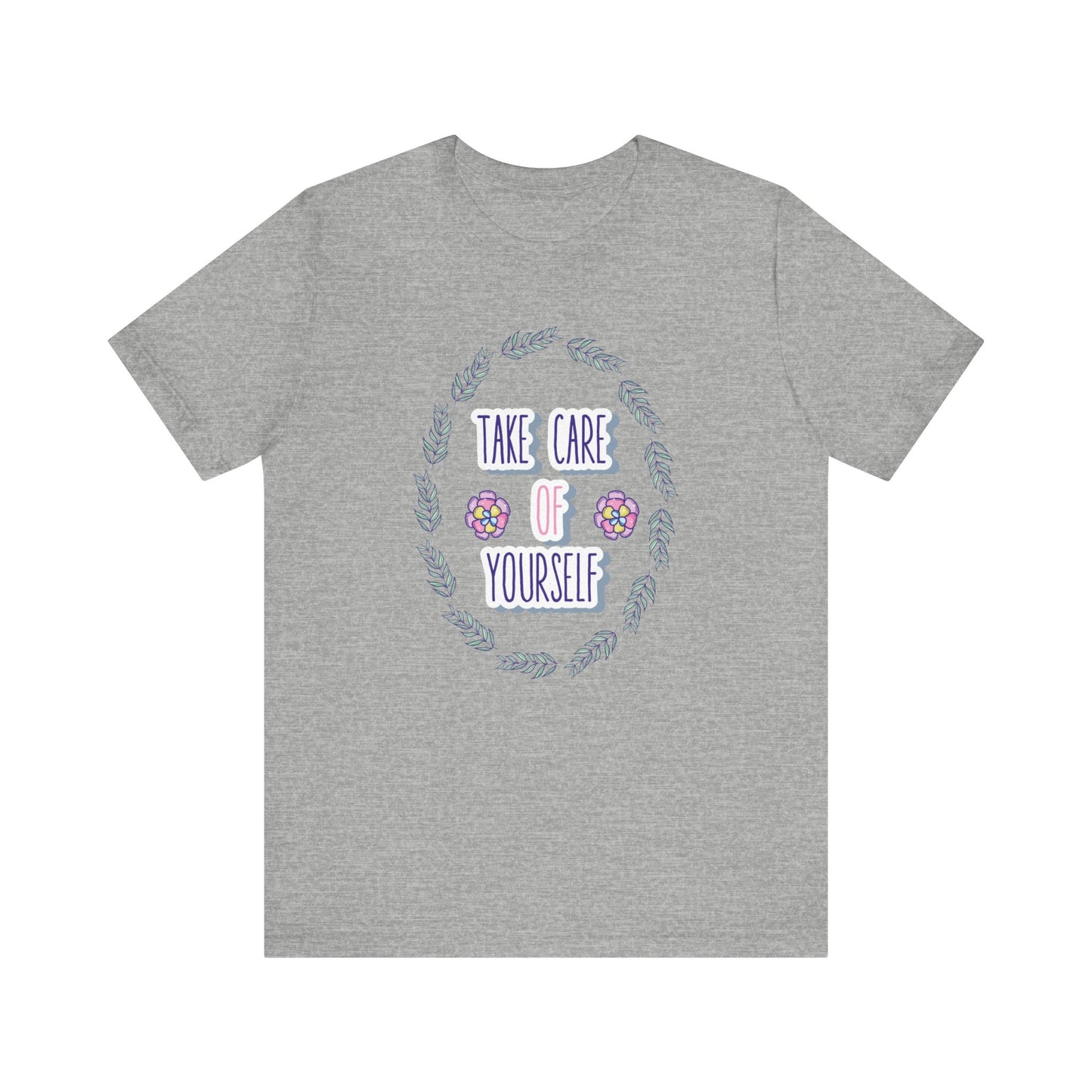 Woman's good vibe graphic tee stating 'Take Care of Yourself' in color athletic grey