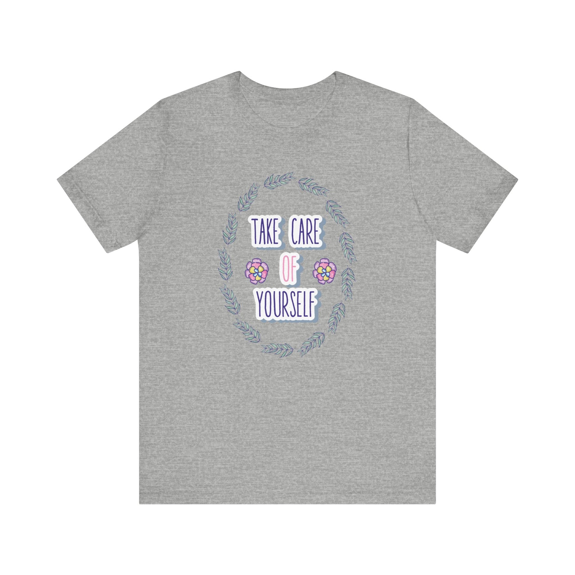 Woman's good vibe graphic tee stating 'Take Care of Yourself' in color athletic grey