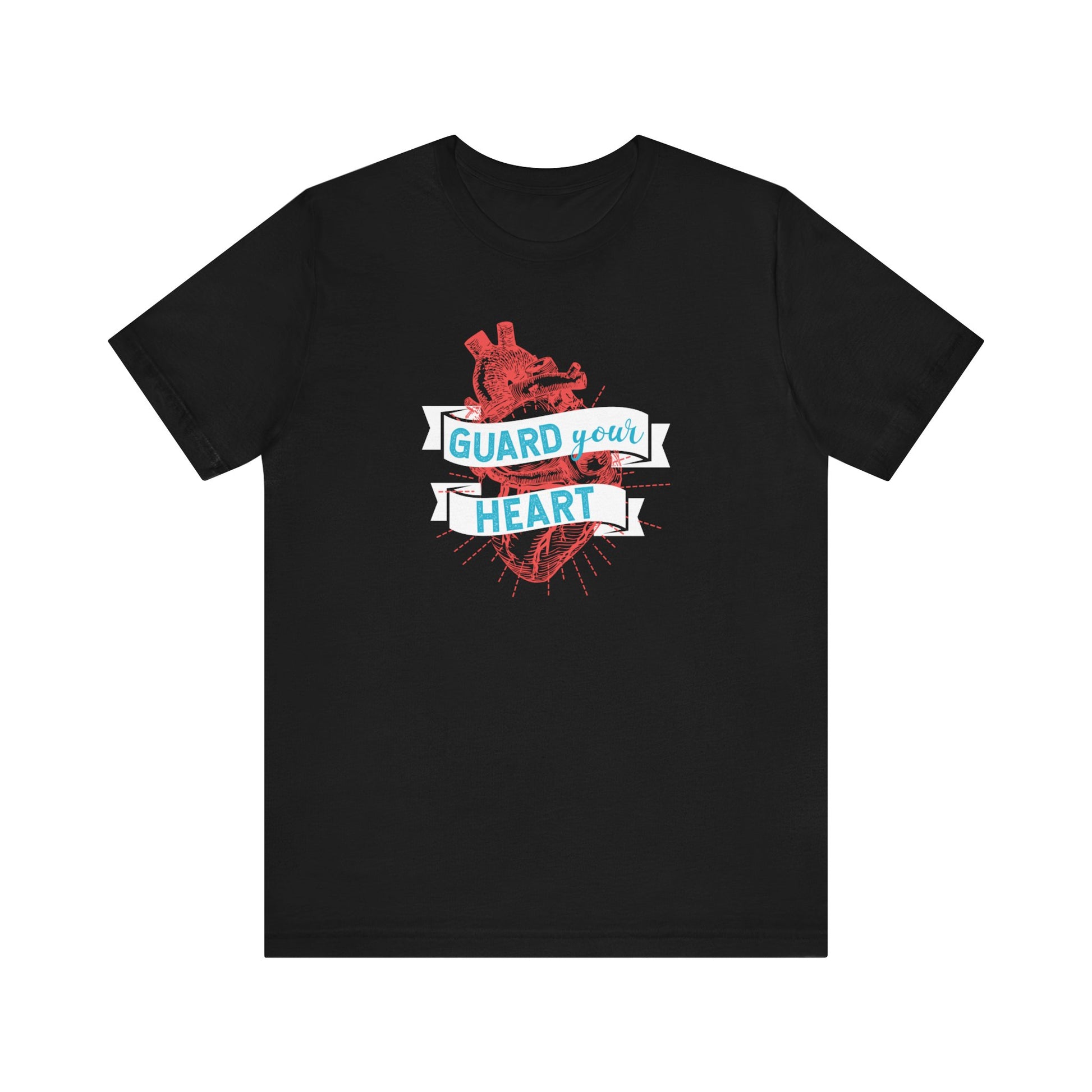 A cotton graphic tee stating 'Guard Your Heart' in color black
