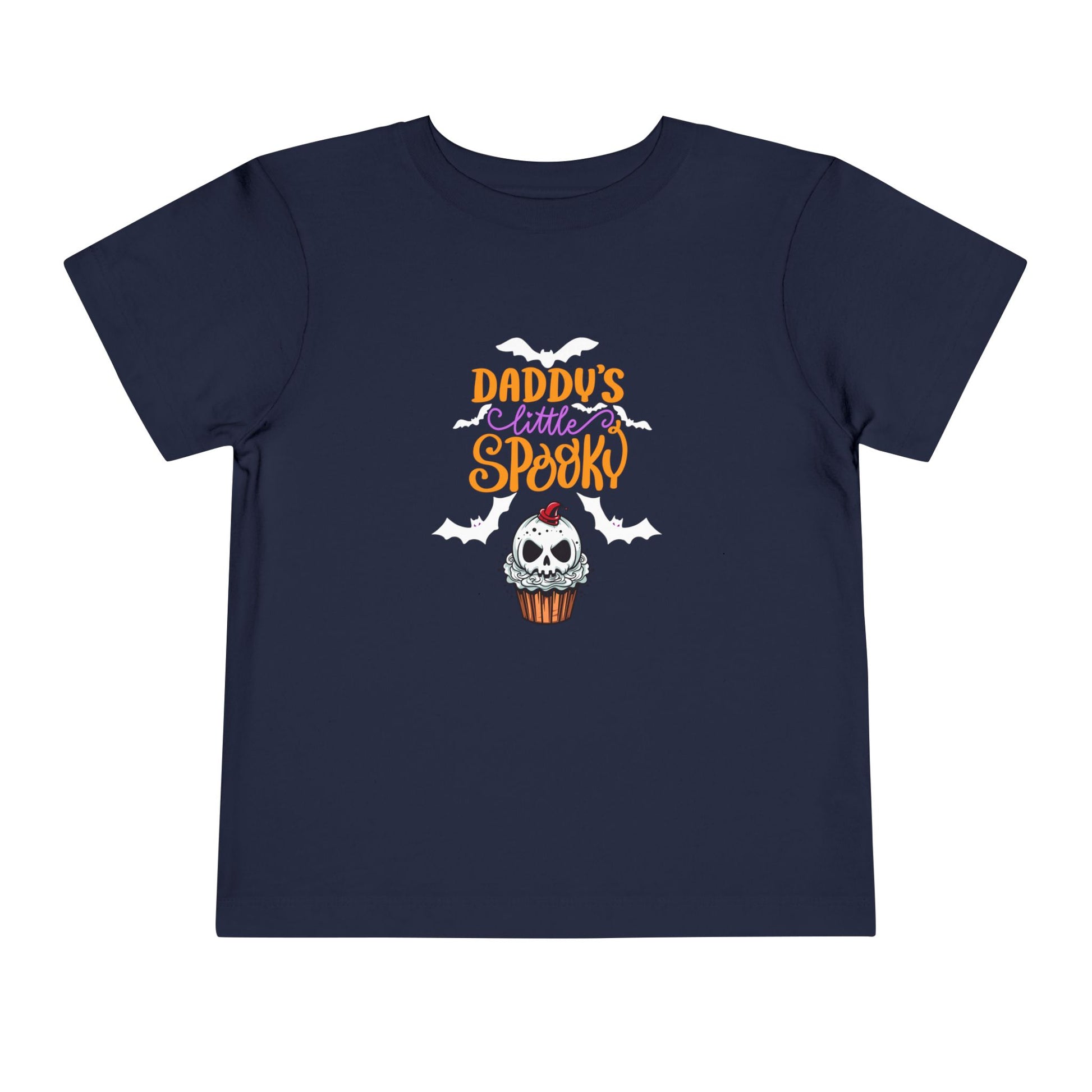 Toddler Halloween shirt stating 'Daddy's Little Spooky' in color navy